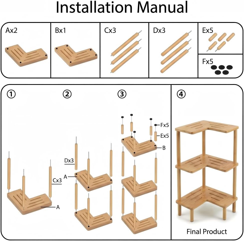 Bamboo Corner Shower Caddy Stand 3-Tier, Standing Shower Organizer with Anti-Slip Feet, Waterproof & Durable Bathroom Shower Shelf, Space-Saving Design Storage for Kitchen or Living Room