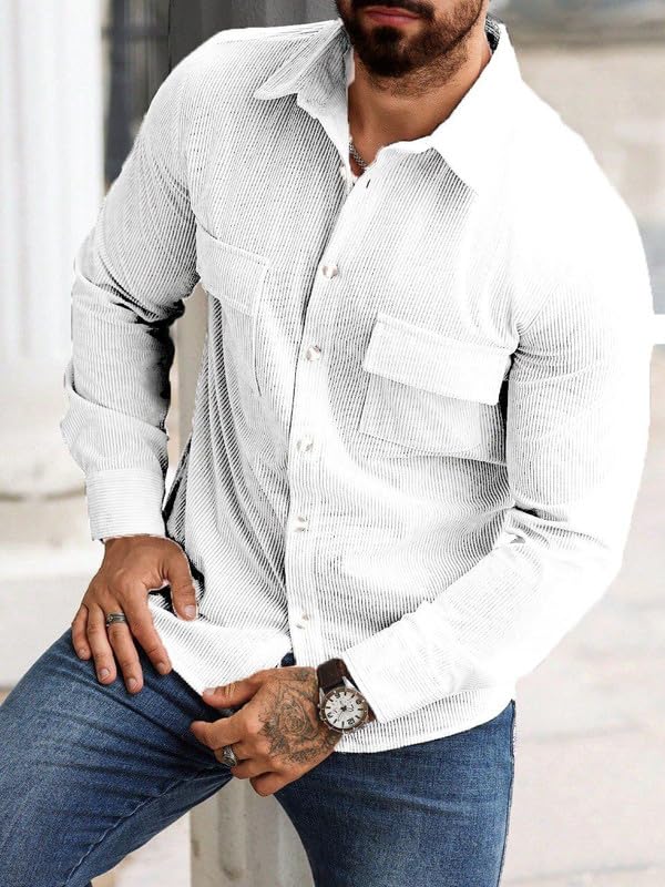 Image of Men Corduroy Casual Jacket Full Sleeve Self Design Button Front with Spread Collar, Woven Cord Lining and Two Pockets for Casual Outings