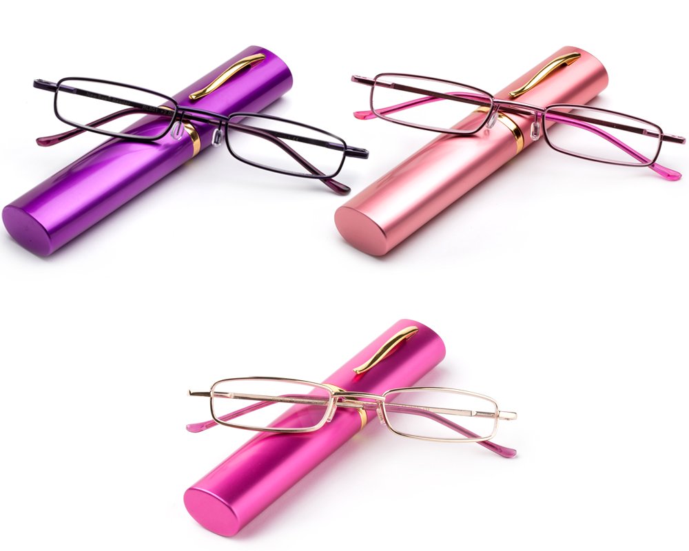 3 Packs Pocket Compact Reading Glasses in Tube Spring Hinged Portable Reading Glasses with Pen Clip in Aluminum Small Light Weight Reading Glasses Men Women Slim Reading Glasses 1.5
