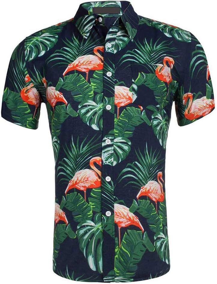 CATERTO Men's Flowers Flamingos Casual Aloha Hawaiian Shirt