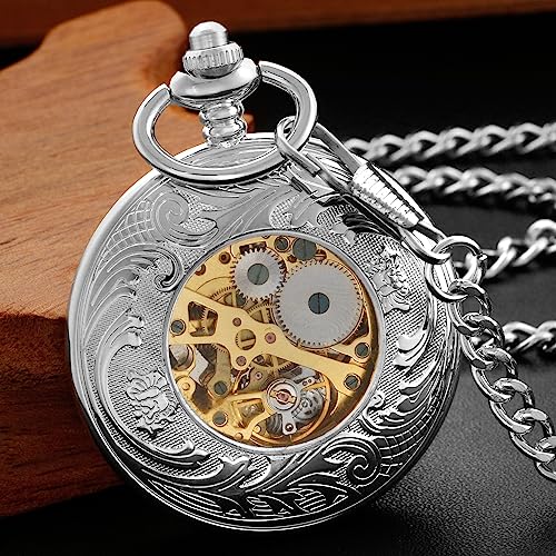 Image of Black and Silver Roman Numeral Dial Mens Mechanical Moon Phase Design, Moon Sun Pattern Skeleton Mechanical Pocket Watches for Men with Case and Chain - Black