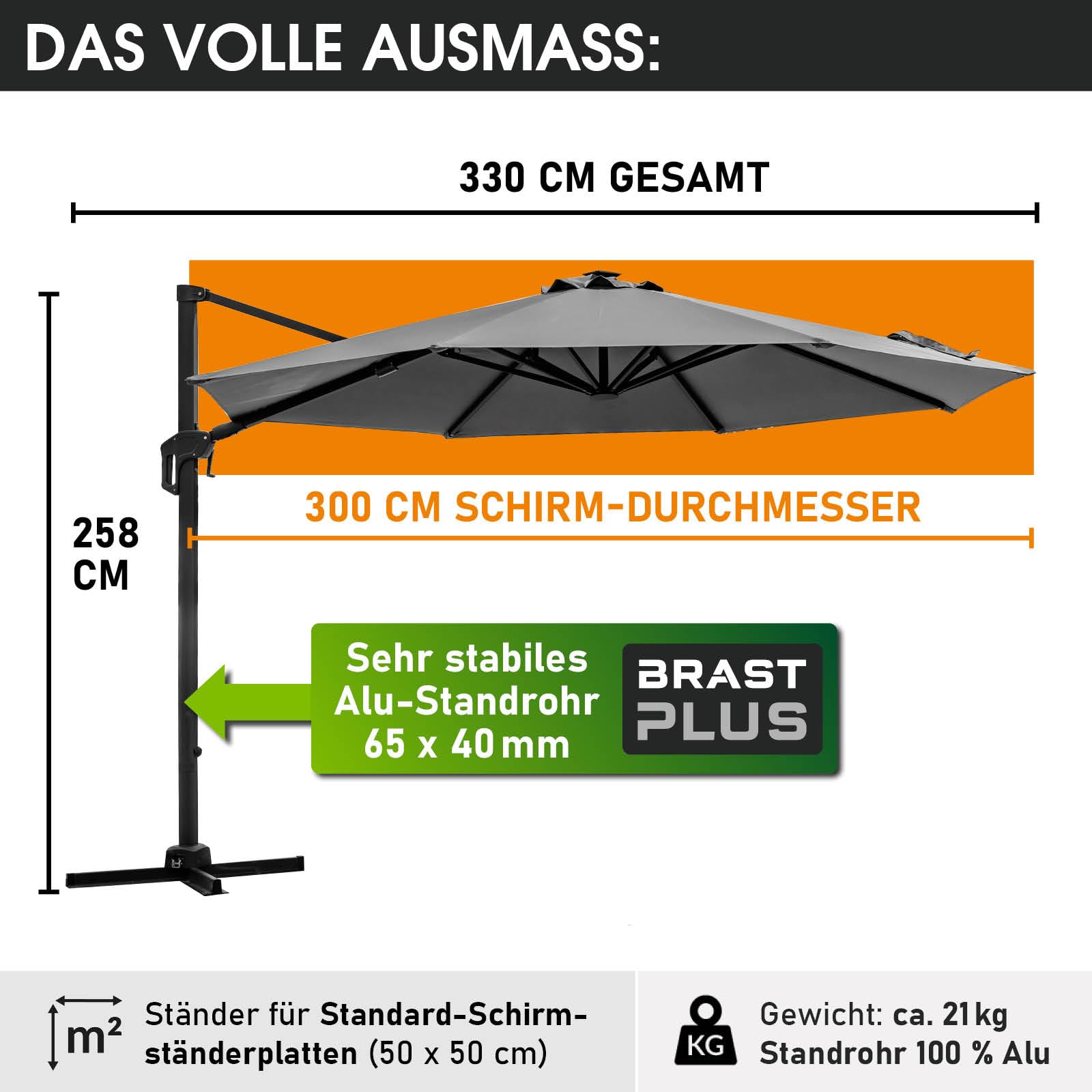 BRAST Alu Sonnenschirm Ampelschirm | Ø300cm Grau | TÜV geprüft | viele Modelle | Schützhülle | UV-Schutz 50+ | wasserabweisend | drehbar & höhenverstellbar