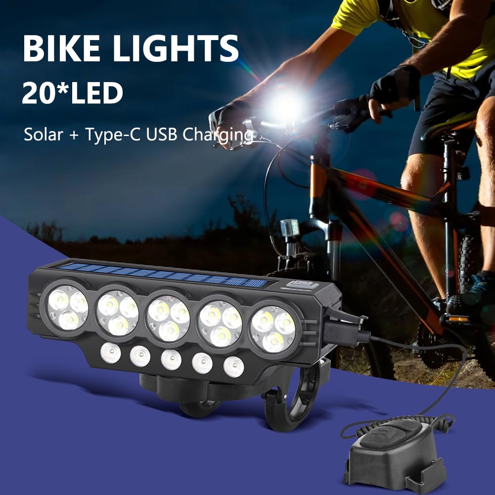 Illuminazione Bici Anteriore 20 LED Solare USB Ricaricabile Impermeabile Alta Luminosità Per Ciclisti Notturni
