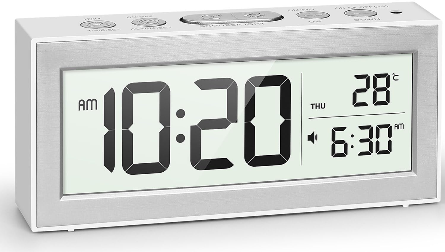 Reloj despertador digital con pantalla LED grande, reloj despertador con pilas con luz nocturna, 5 horarios de alarma, ajuste automático de brillo, repetición, calendario, 12/24h, °F/°C Global Recycled Standard Global Recycled Standard Global Recycled Standard