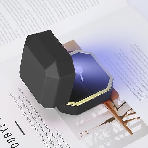 Miniatura 5 de Caja de joyería LED de lujo, caja de regalo de terciopelo, organizador para propuestas, compromiso, boda, aniversario, cumpleaños, ceremonia (negro)
