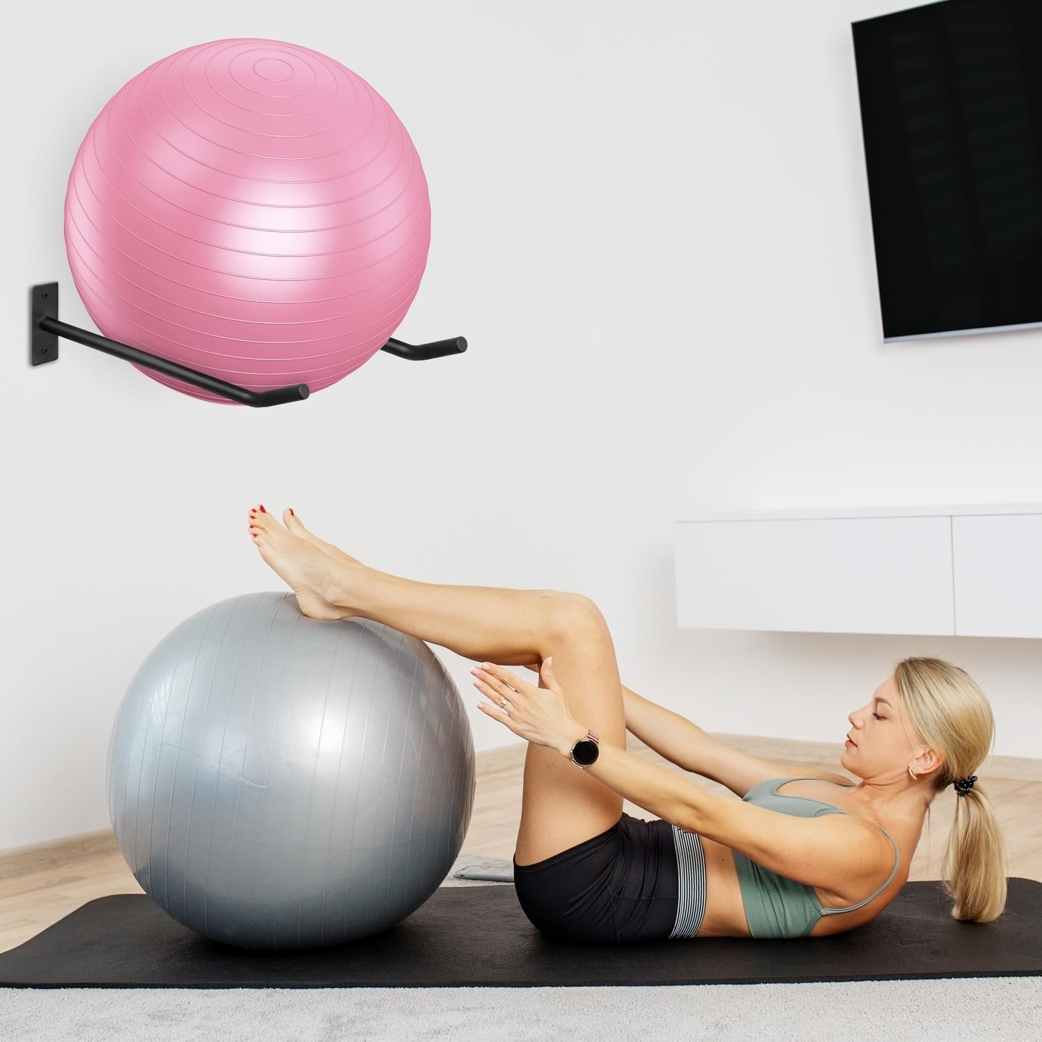 Supporto per palla da ginnastica in metallo (set da 2), supporto per palla da yoga nero, supporto per palla da yoga a casa, palestra o studio