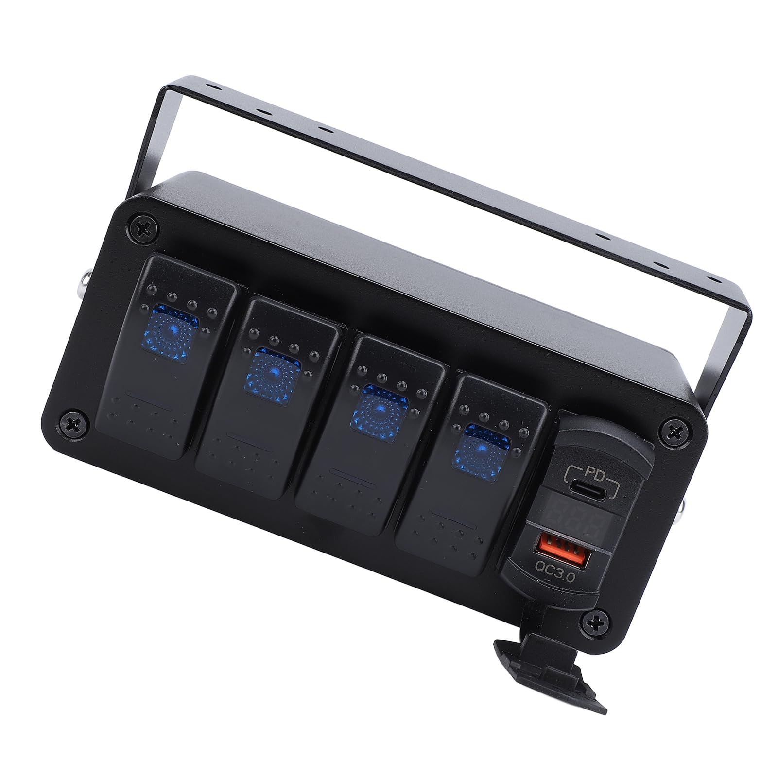 4 Gang Rocker Switch Box 4 Gang Rocker Switch Panel Aluminiowy Panel Przełączników Kołyskowych 12V 24V 20A Wodoodporny z ładowarką USB PD Type C QC 3.0 Woltomierz LED do (niebieskie