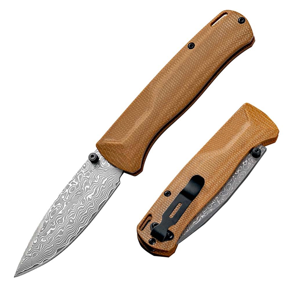 Pocket folding neck knife damast, EDC Outdoor messer survival, Klein taschenmesser Damaszener klappmesser handlich multi tool messer Damaskus scharfe Damaststahl einhandmesser, Messergriff aus Leinen
