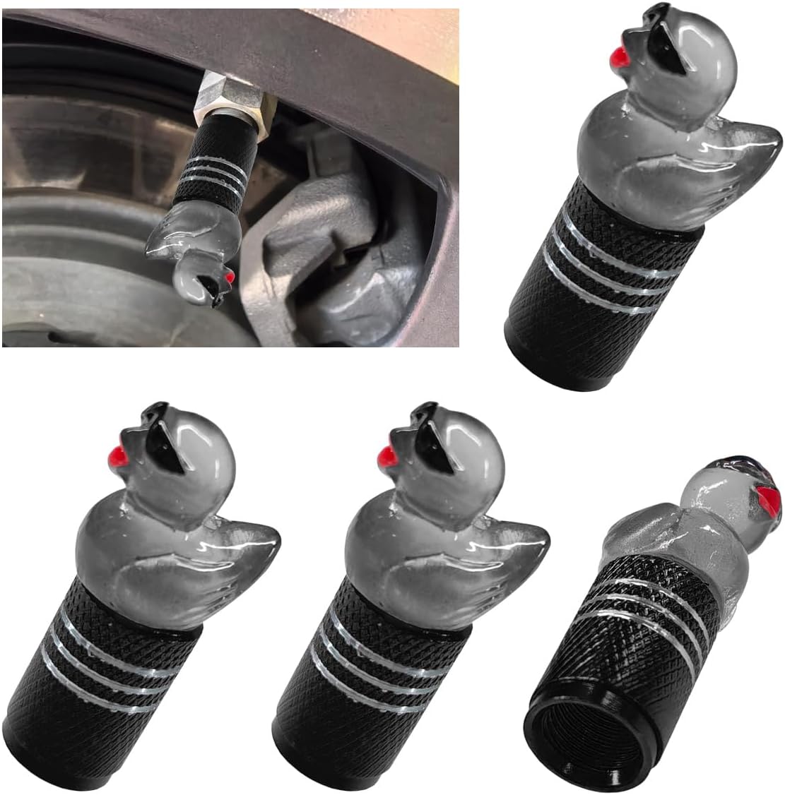 4PCS Cute Sunglasses Duck Car Tire Valve Stem Caps, Glow in Dark Tire Pressure Cover, Dustproof Wheel Air Cap, Funny Duck Vehicle Decorations Accessory for SUV, Truck, Motorcycle (Black)