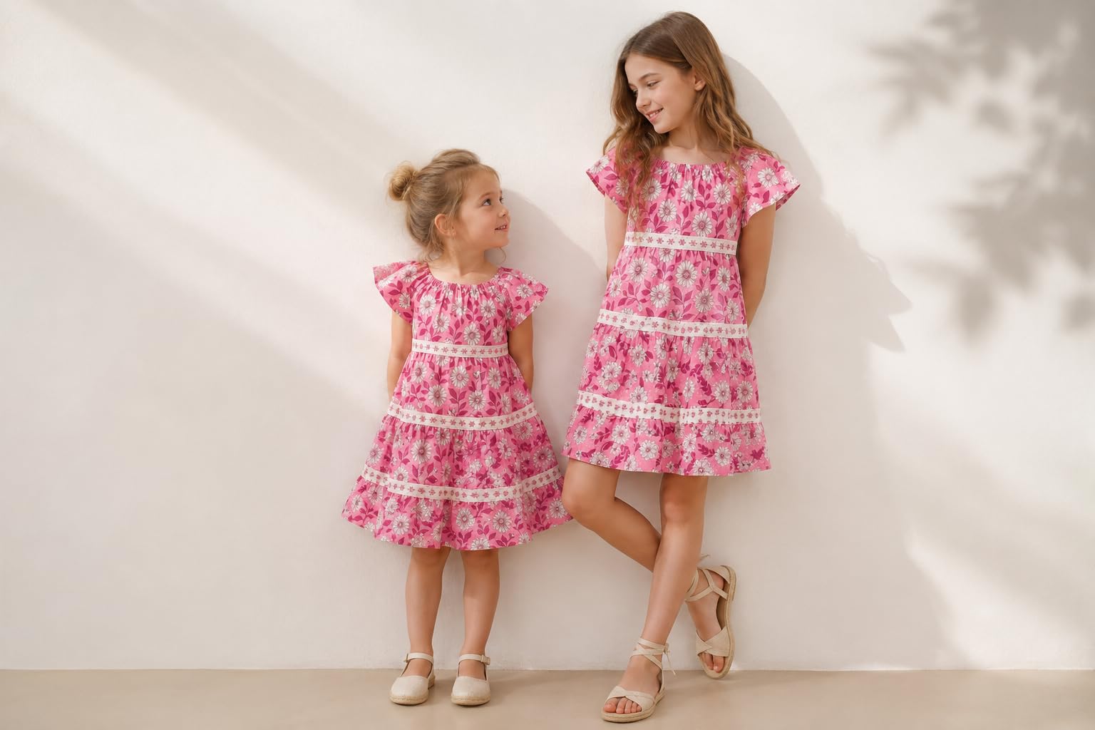 Vestito Estivo Bambina 3-9 Anni Rosa con Fantasia Floreale e Maniche ad Aletta – Abito Leggero a Balze con Dettagli in passamaneria per Vacanze e Tempo Libero, 3923