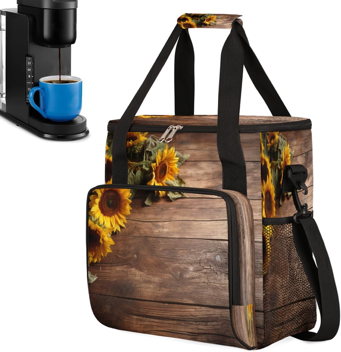 Plank Wooden Boards Portable Coffee Maker Carrying Bag Compatible with Keurig K-Mini or K-Mini Plus - Travel Storage Tote with K-Cup Pod Pockets for Single Serve Coffee Brewer