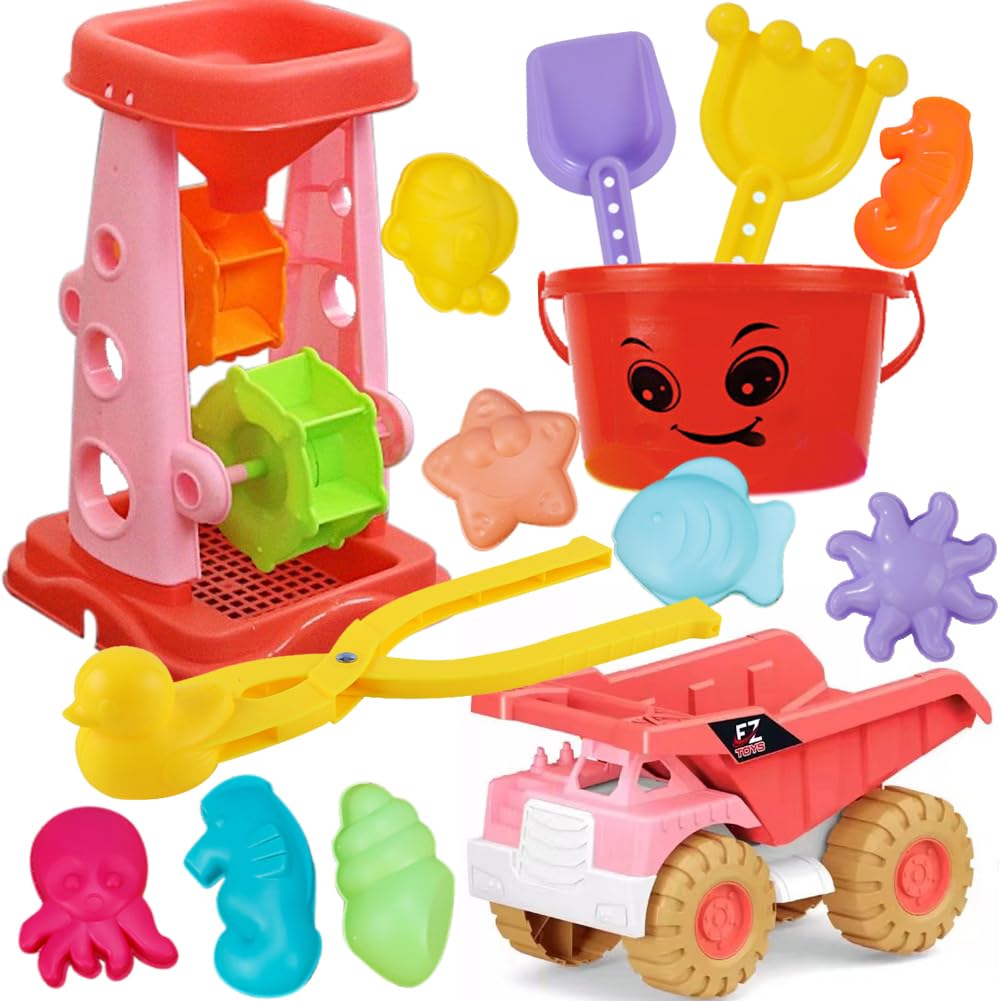 AREKEJI 14-Piece Beach Sand Toys Set for Kids - Water & Outdoor Play with Sand Bucket, Shovel, Rake, and Small Cars - Fun Summer Toy for Boys and Girl-pink