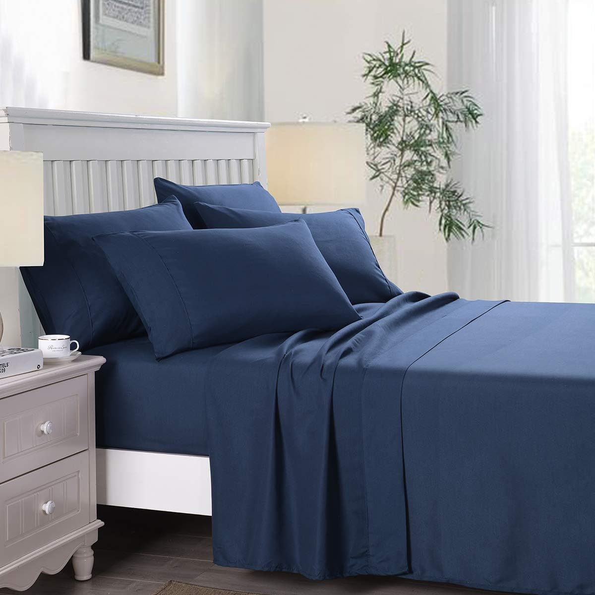 JML Bed Sheet, 6 Pieces King Sheet Set Deep Pocket Up to 14" - Luxury 3000 Series Microfiber, Soft Breathable Wrinkle & Fade Resistant Bedding Set, Navy