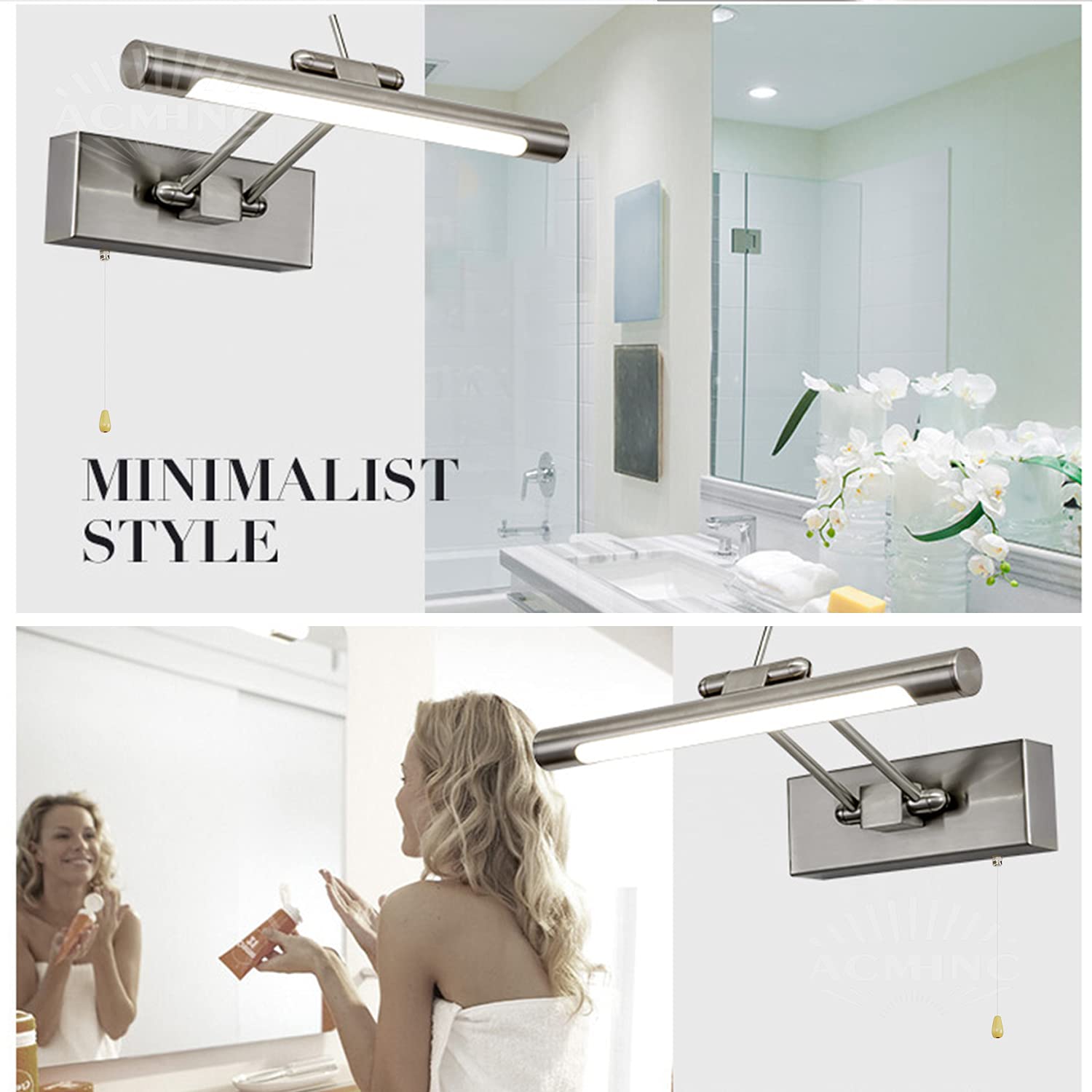 ACMHNC LED Spiegellampe Badezimmer Mit Schalter, Retro Bilderleuchte IP44 Bad Spiegelleuchte Mit Zugschalter, 4000K Wandleuchte Innen, Beschlagfrei, Schminklicht Für Spiegel Schminktisch,45cm/8w