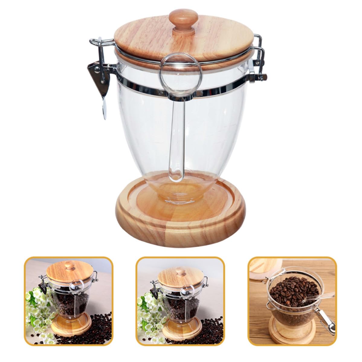 Luftdichtes Glas mit Griff, Transparentes Kaffeeglas aus Eiche und Metall | Tisch Teedose für Teebeutel und Losen Tee, Glatte Oberfläche, Glanz, Simple Form