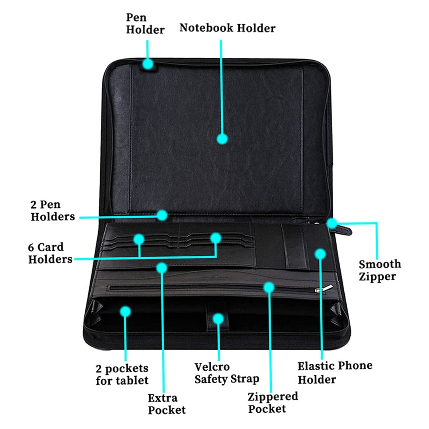 IVESIGN Zippered Padfolio for Women & Men Resume Portfolio Folder Vegan Leather Salesman Business Organizer Planner,with Writing Pad Interior 10.1 Inch Tablet Sleeve Black