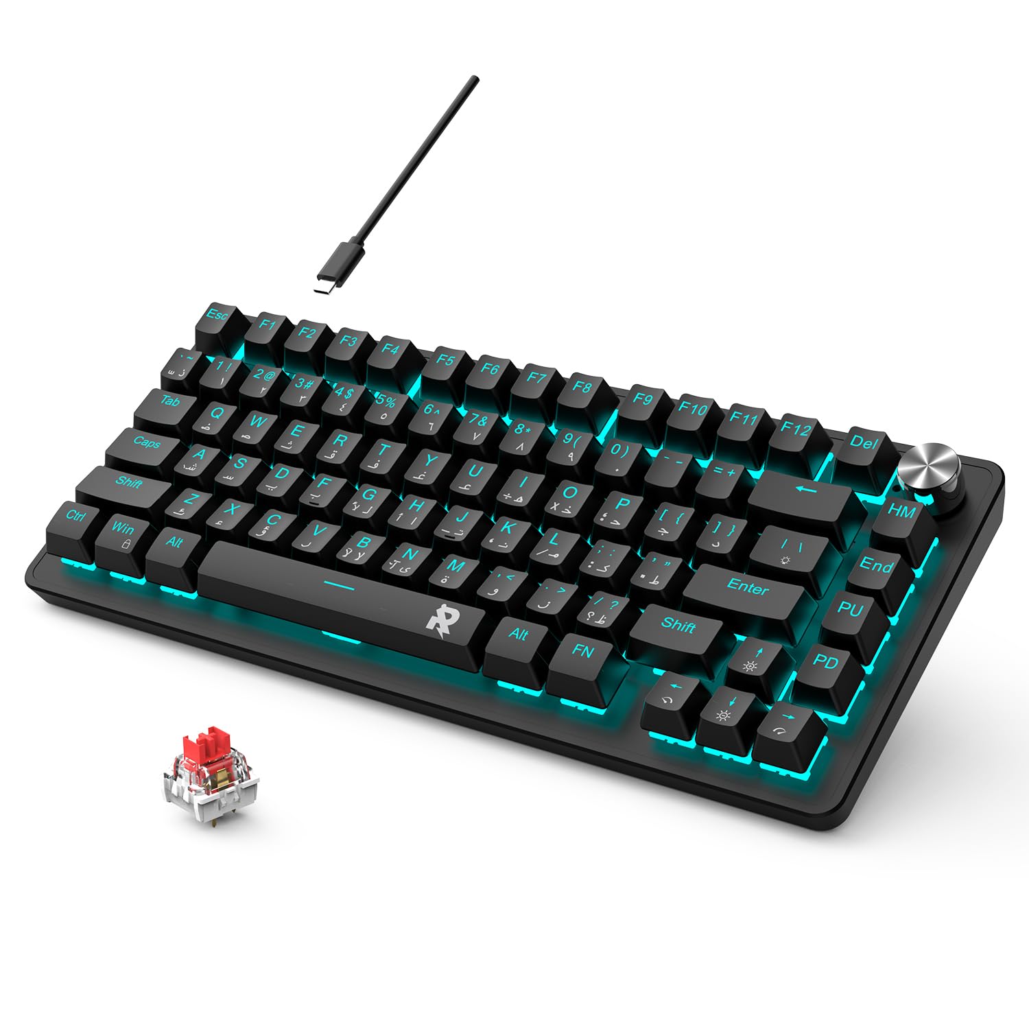 ROCK POW 70% Gaming Keyboard,Arabic English 82 Keys Mechanical Keyboard with Ice Blue Backlit 19 Modes,Volume Lighting Knob Wired Mini PBT Keycaps for PC Gaming and Working (Red Switch) Black