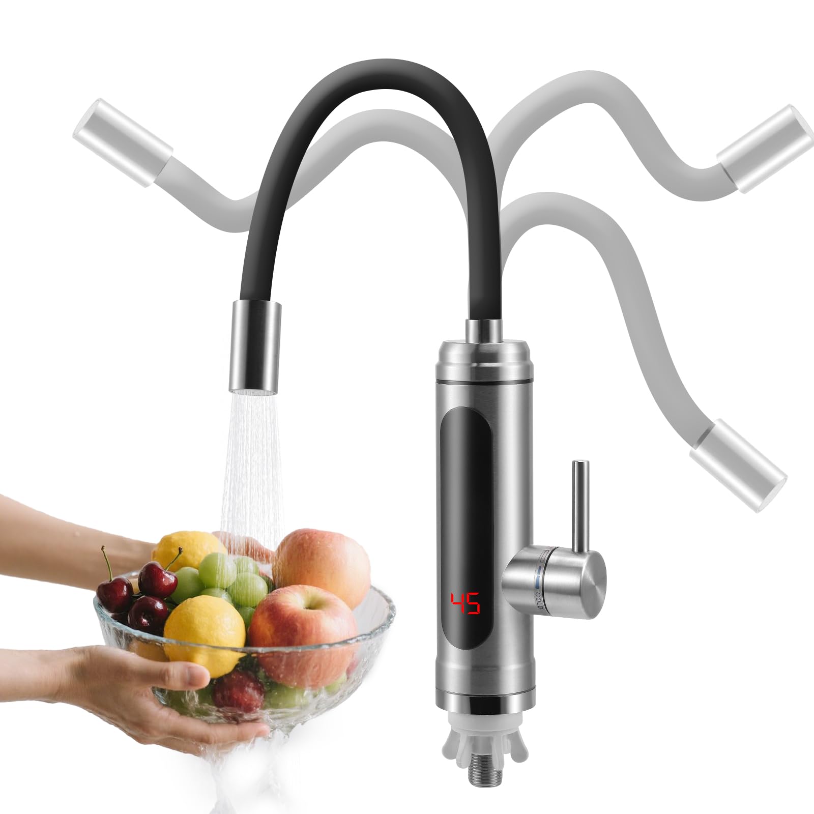 Elektrischer Wasserhahn mit Durchlauferhitzer 230V, 3000W Elektrischer Wasserhahn aus Edelstahl mit LED, 360° Swivel Warmwasserboiler Wasserhahn mit Durchlauferhitzer für die Küche Bad