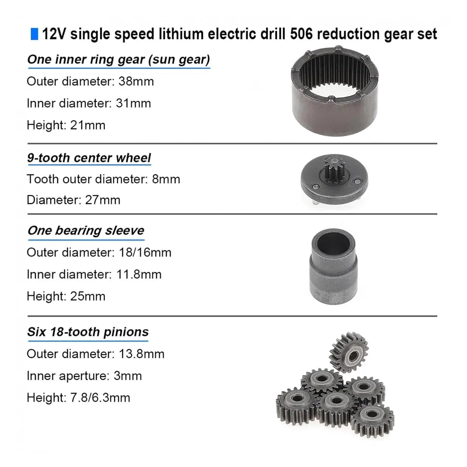15 Teeth 18 Teeth Charging Drill Single Speed Gear Set 12V Two-Speed Double Speed Planetary Gear Set Reduction Gear Accessories(20pcs Set)