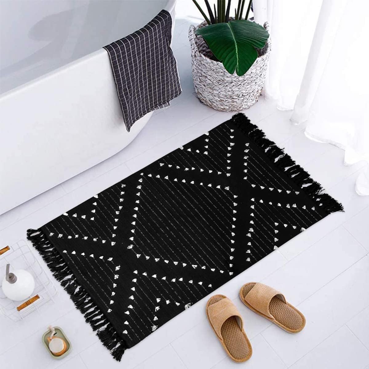 LIVEBOX Boho Black Bathroom Rug 2x3 Washable Throw Rugs, Small Cotton Woven Bath Mat, Moroccan Area Carpet with Tassel for Entryway Kitchen Sink Front Door Black 2' x 3' (Rectangular)