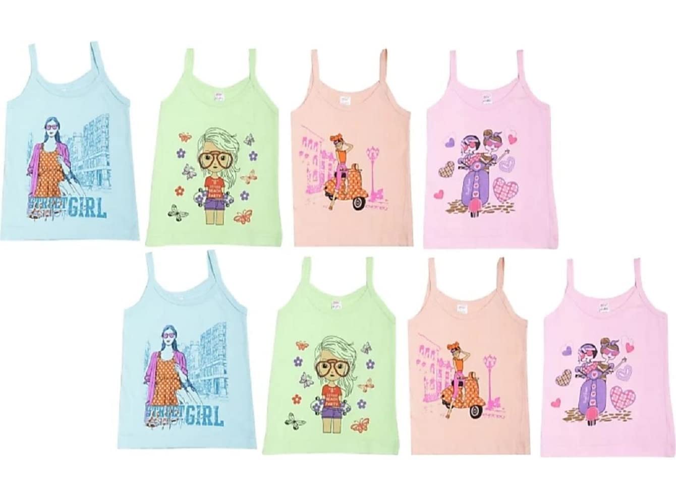 Ganesh Creations SIRTEX Kids Girls Hosiery Cotton Printed Slips Camisoles for Kids Girls|Kids Innerwear (Pack of 8)