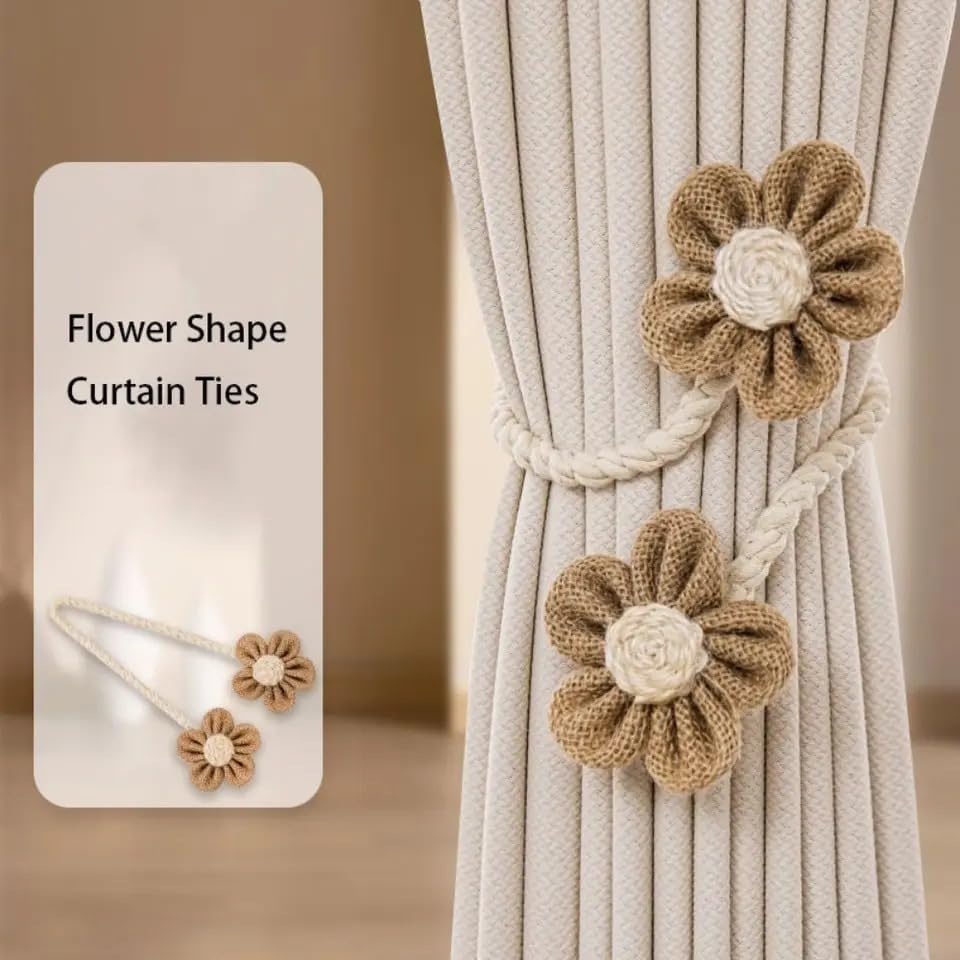 Image of Catchy Rope White & (Set of Brown Holders Holdback 2) Curtains Tieback Drapery Jute Tiebacks. Natural Decorative Window Neutral Combo Curtains Floral Curtain Beautiful (6, Jute)