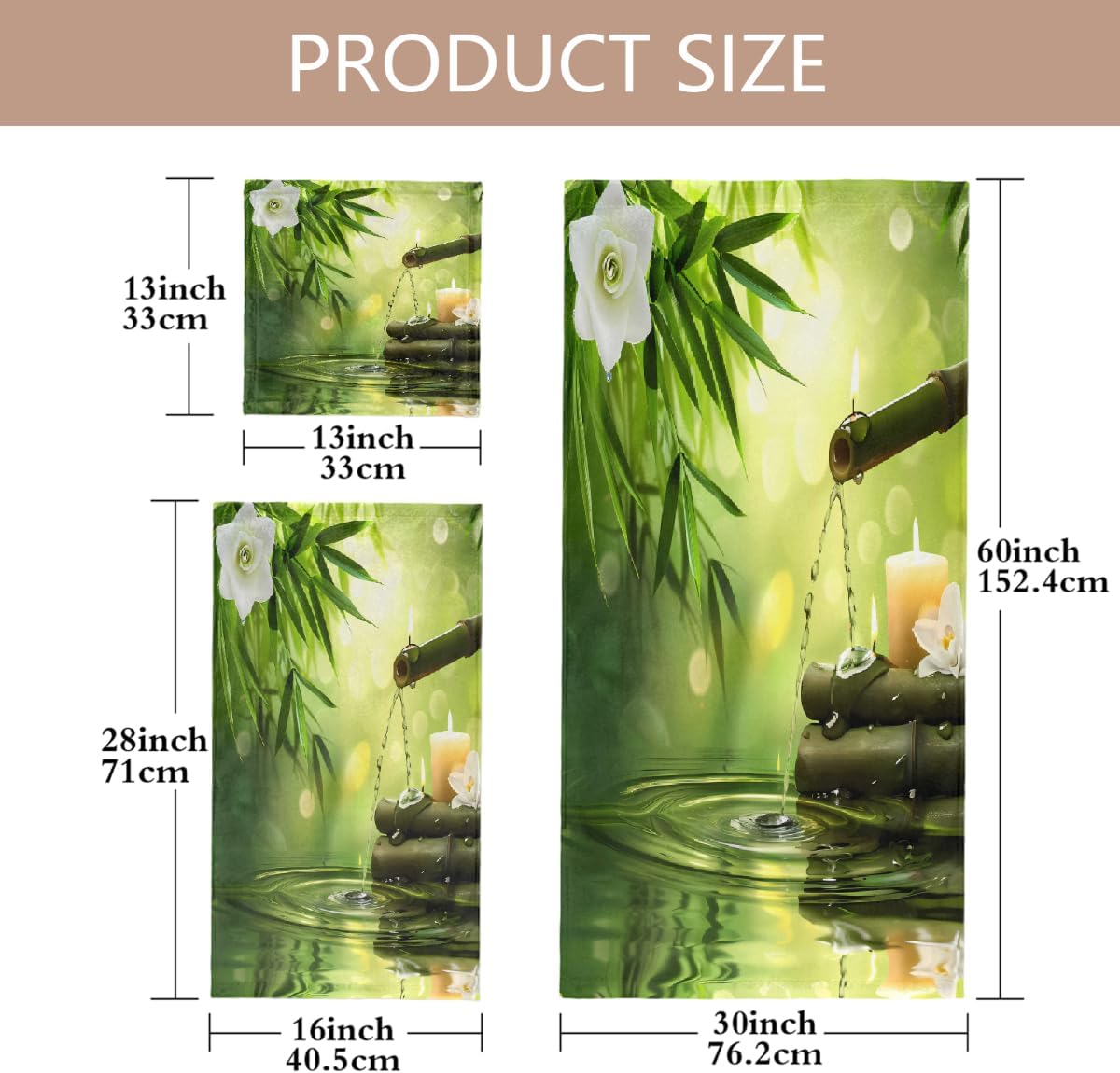 Japanese Zen Bamboo Flower Bath Towels Set of 3 with 1 Large Shower/Beach Towel, 1 Hand Towel, 1 Washcloth Soft Microfiber Towels Set for Bathroom Hotel Swim Spa Gym Yoga
