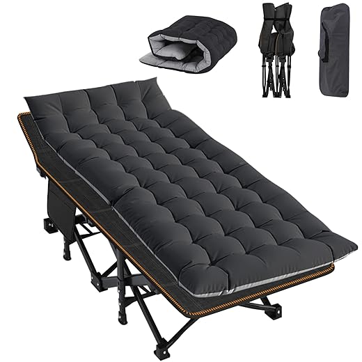 ABORON Folding Camping Cot W/Mat for Adults, Heavy Duty Outdoor Bed with Carry Bag,1200 D Layer Oxford Travel Camp Cots (Black Cot with Black Cotton Pad)