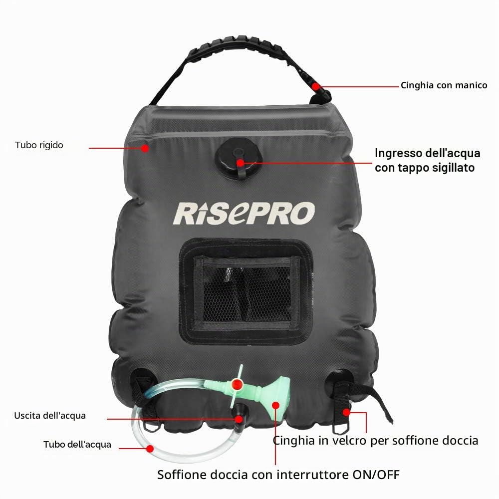 Borsa per Doccia Solare, 20 l, Borsa da Campeggio per Doccia con Acqua Calda ad Una Temperatura di 45 C; soffione Rimovibile, Flessibile, on/off Adatto per Campeggio
