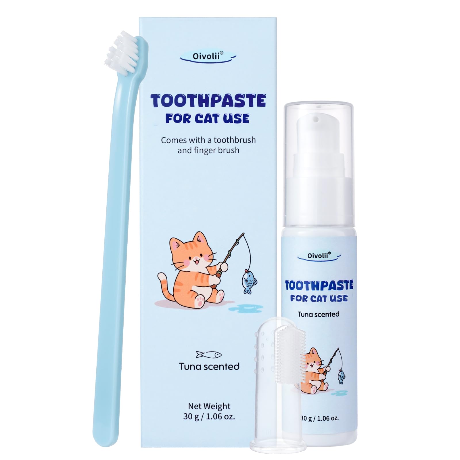 Oivolii Kit Dentifricio e Spazzolino da Denti per Gatti– Dentifricio al Gusto di Tonno 30 g, Con 2 Spazzolini per Gatti, Senza Risciacquo, Alito Fresco, Protezione Denti