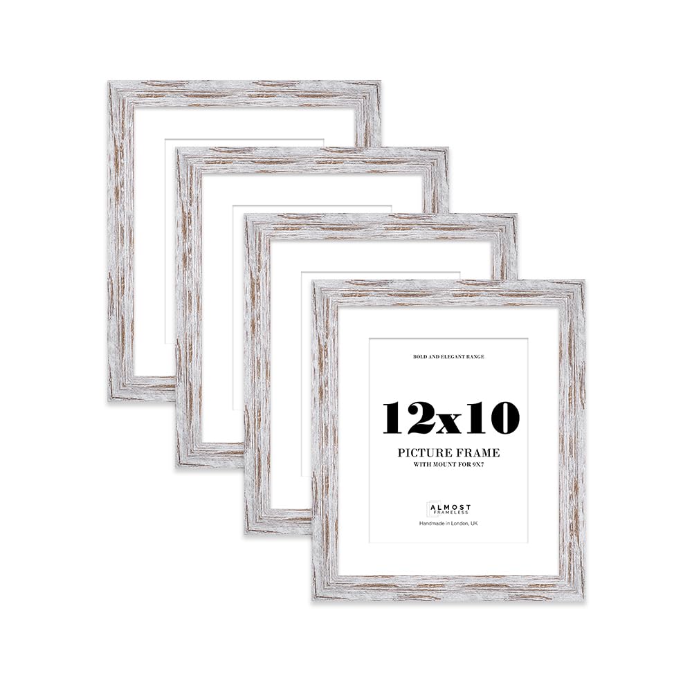 12x10 Distressed Wood Frame With Mount for 9x7 Pictures 28mm Edge Portrait and Landscape Display with Wall Hooks and Kickstand, 4 Pack