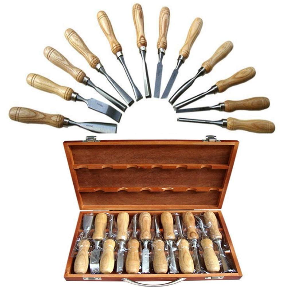 Jeu de ciseaux à découper en bois professionnels - 12 pièces Outils de menuiserie avec étui de transport - Idéal pour les débutants