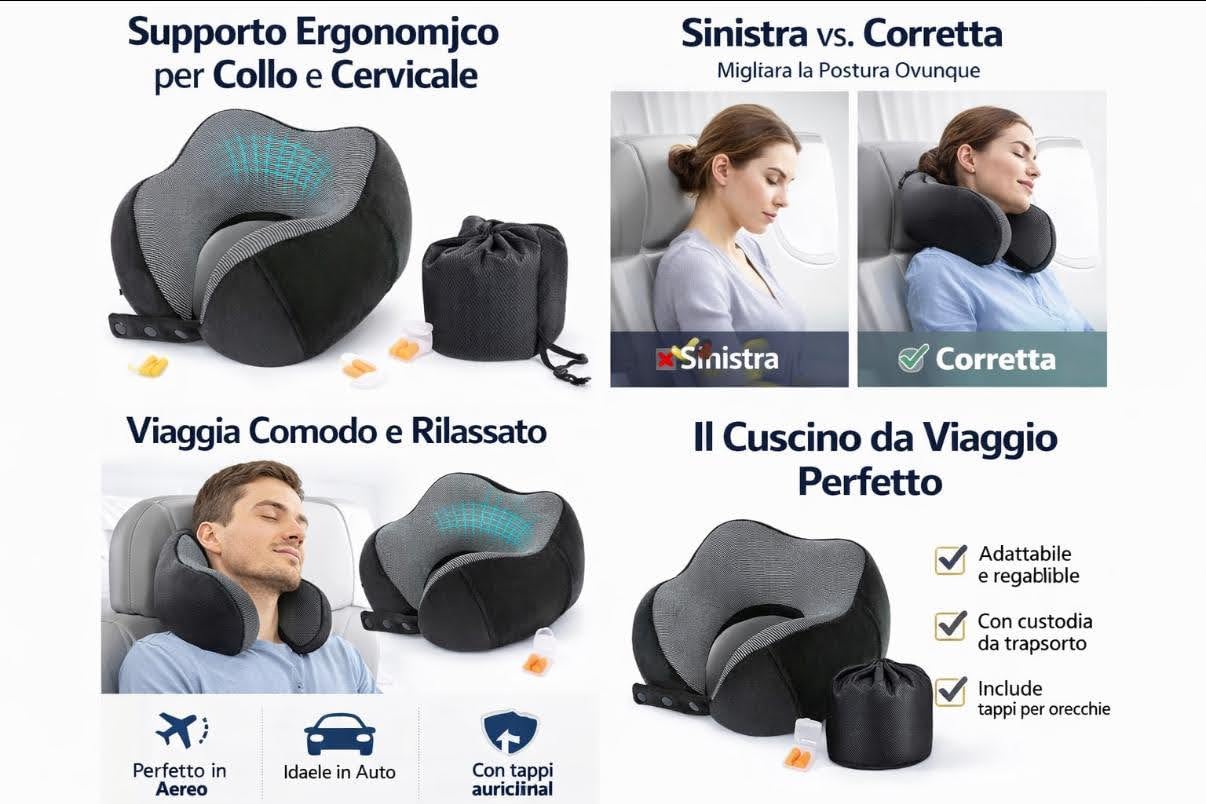 Generico Cuscino da Viaggio Ergonomico 360° in Memory Foam, Supporto Regolabile 3 Misure, Traspirante e Lavabile, Set Completo con Mascherina, Tappi Orecchie e Custodia - 5