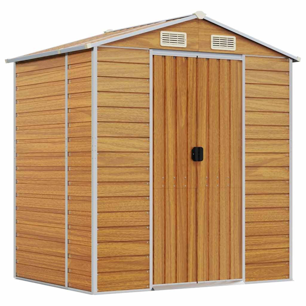 Domek ogrodowy 191 x 130 x 198 cm jasnobrązowy ze stali ocynkowanej, zewnętrzny schowek z 4 otworami wentylacyjnymi, dach spadzisty i klamki do narzędzi i sprzętu
