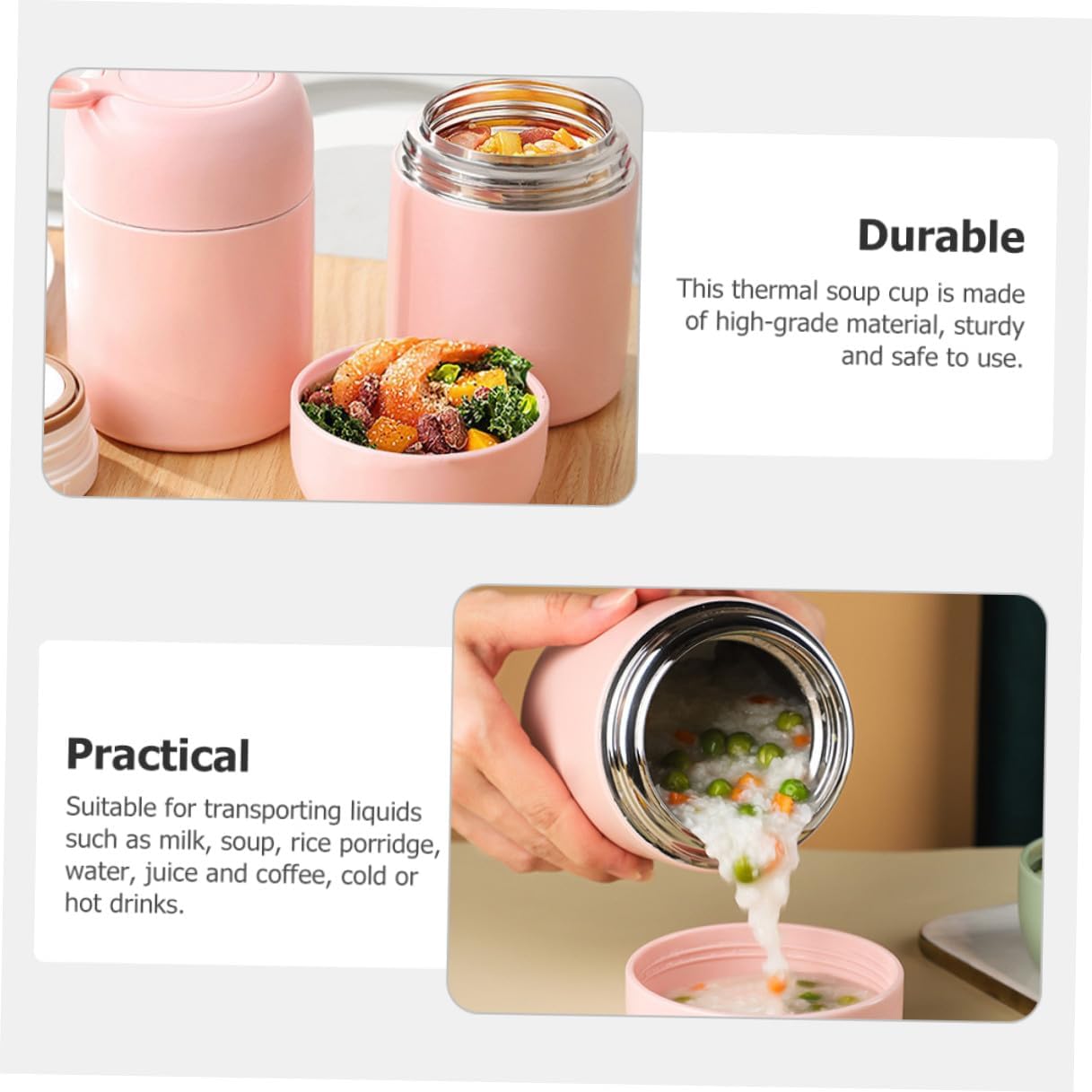 Abaodam Insulated Food Jar 500ml Portable Soup Cup with Leakproof Lid and Foldable Spoon, Vacuum Thermal Breakfast Cup for Students and Office Use, Pink