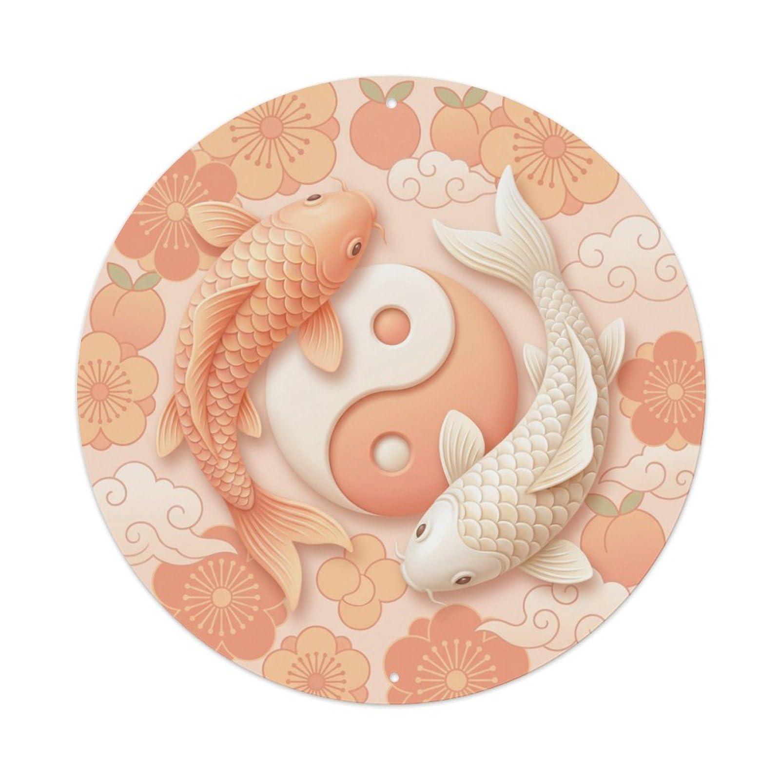 Metal Tin Sign Tai Chi Koi Fish Apricot Peach Decor