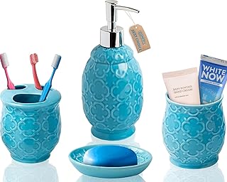 Comfify 4-Piece Bathroom Accessory Set - Ceramic Bath Set with Blue Glos...