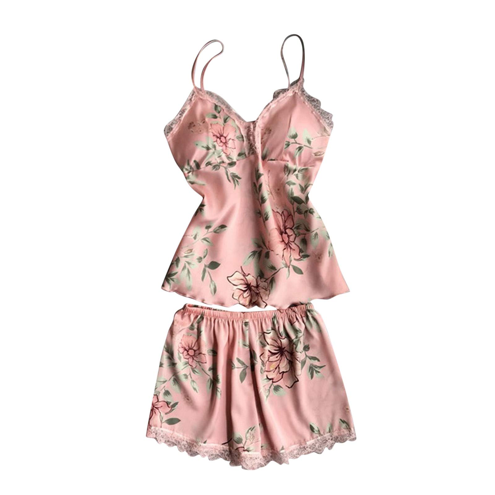 Uillui Womens Sexy Silk Satin Pajamas Sets Lingerie V Neck Lace Cami Short Set Cute Floral Lounge Set