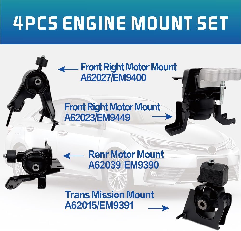 Engine Motor and Transmission Mount Kit Compatible with 2009-2013 Corolla 1.8L & 2009-2013 Matrix 1.8L & 2009-2010 Pontiac Vibe 1.8L Auto Transmission Repklace OE A62015 A62039 A62027 A62023 4PCS