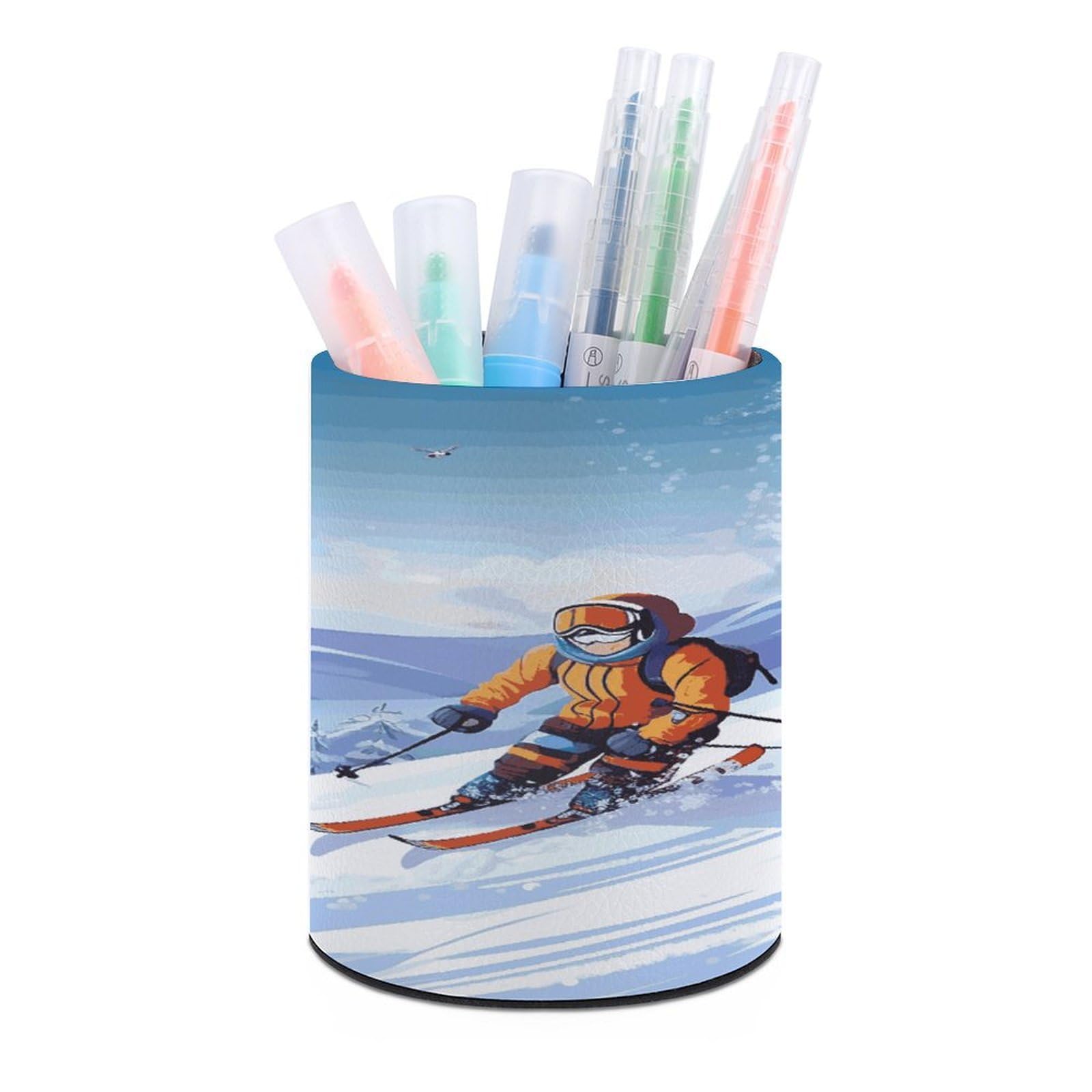 LDGSUPH Winter Skiing Round Pen Holder Leather Pen Cup Pencil Cup Pen Organizer Pencil Holder for Desk Organizer Pencil Organizers Makeup Brush Holders for Home Office Gift