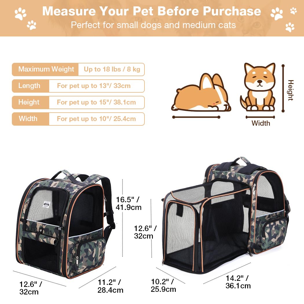 Lekespring Zaino per Cani Gatti Trasportino Espandibile,Pieghevole Cuccia Portatile Traspirante per Cani Piccoli Gatti Medi Fino a 8 KG con 4 Ingressi,per Viaggi Sia Lunghi Che Corti,Camuffamento