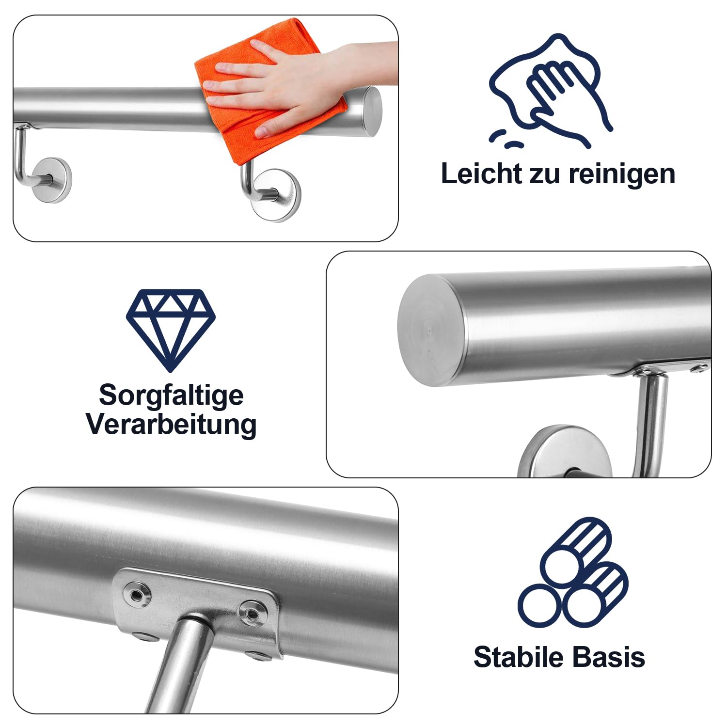 Fiqops Pasamanos de acero inoxidable, 150 cm de diámetro, 42 mm de diámetro, pasamanos de pared, escaleras para exterior e interior, estable, incluye soportes de pared, material de montaje