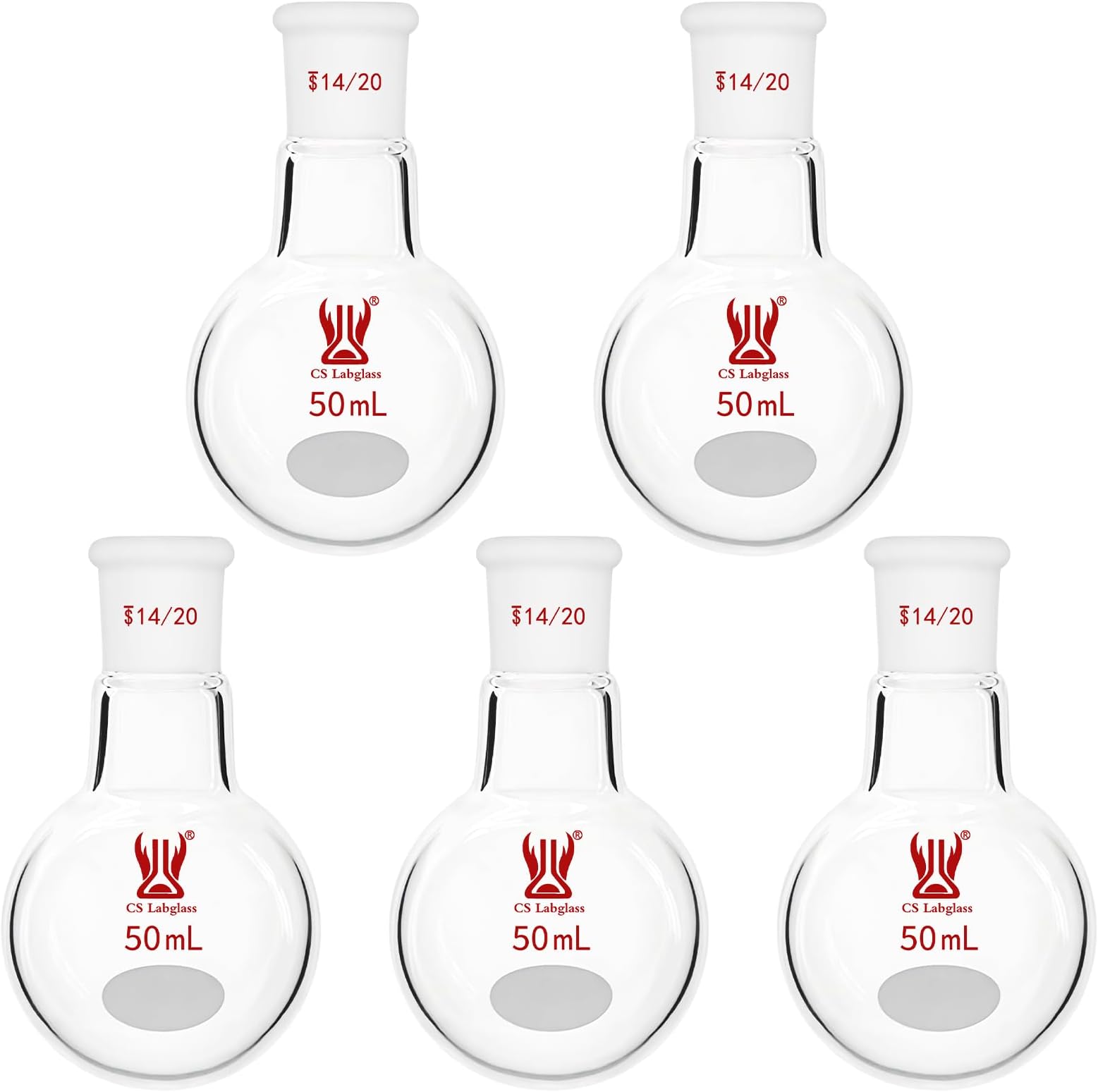 [5 Pack] CS Labglass Single Neck Round Bottom Flask, 50ml with 14/20 Standard Taper Outer Joint, Borosilicate Glass Single Neck Flask, Lab Glassware