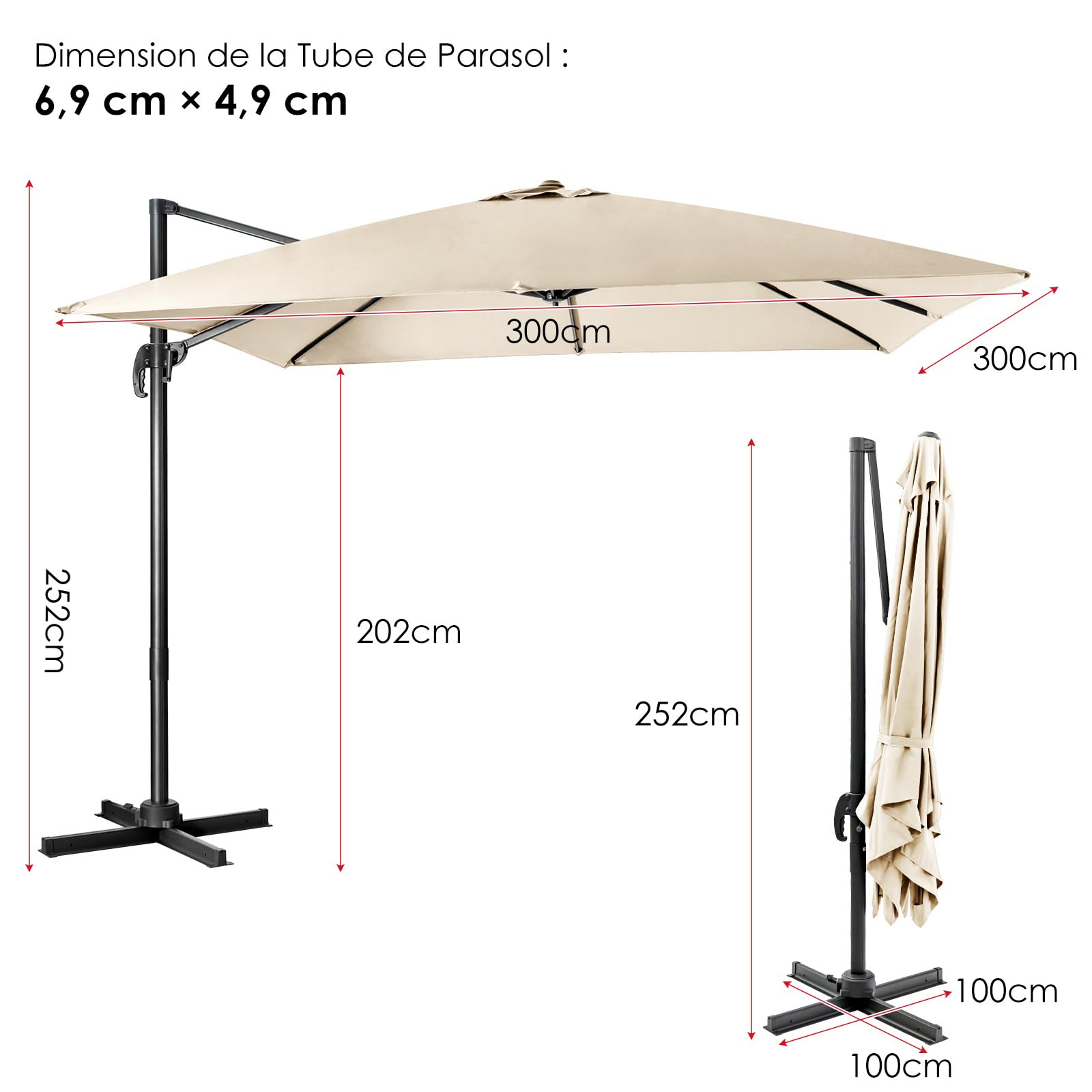 COSTWAY Parasol de Jardin Extérieur, Parasol Déporté Carré 3x3M à Manivelle, Inclinable et Rotation à 360°, 8 Baleines, Toit Double Ventilation Protection UV, pour Terrasse, Patio, Balcon, Beige