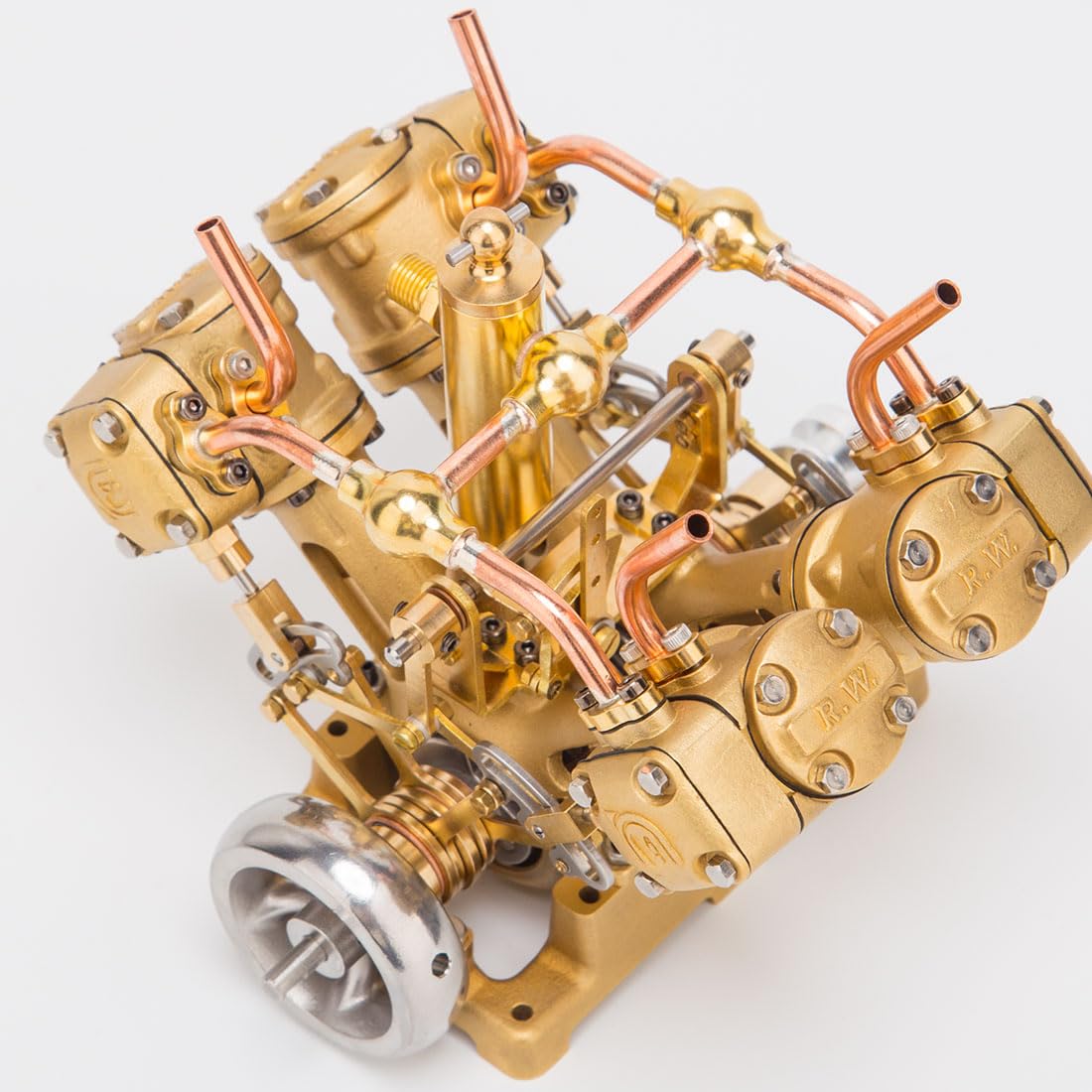 Silniki parowe zestaw do montażu, mosiądz CNC RW-V4 Mini V-4 cylindrowy silnik parowy z przepływem do przodu i do tyłu do modeli statków parowych 90-150 cm, kreatywny kolekcjonerski zestaw upominkowy