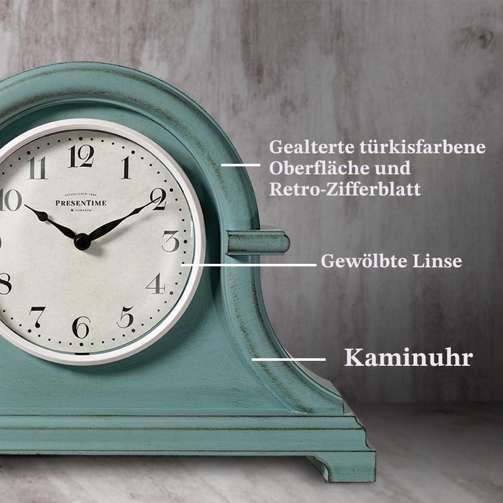 Presentime & Co. Kaminuhr, Vintage-Bauernhaus-Serie, Napoleon-Schreibtisch- und Regaluhr, 33 x 25,4 cm, gewölbtes Objektiv, Quarzwerk, ABS-Kunststoffgehäuse, antikes Blaugrün-Finish