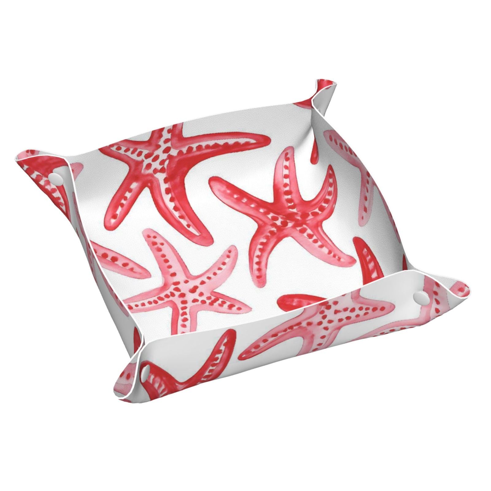 HLBSDM Watercolor Red Starfishes with Dots Tray Men's Leather Valet Parking Portable Entrance Trays Bedside Storage Box
