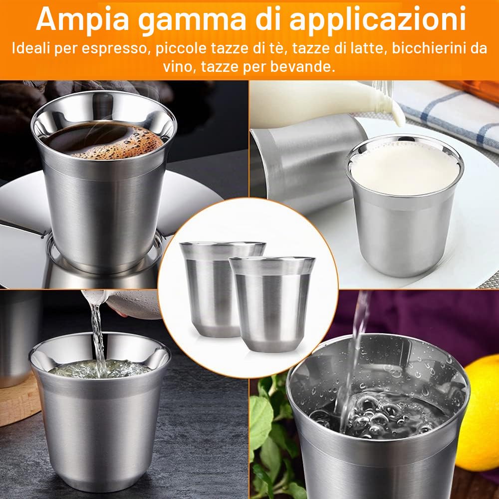 2 Pezzi Tazza in Acciaio Inox Tazze da Caffè Isolate a Doppia Parete Bicchieri da Birra in Metallo Tazze in Metallo Riutilizzabile Tazzine Espresso In Acciaio Inox per Caffè Birra, 80 ml