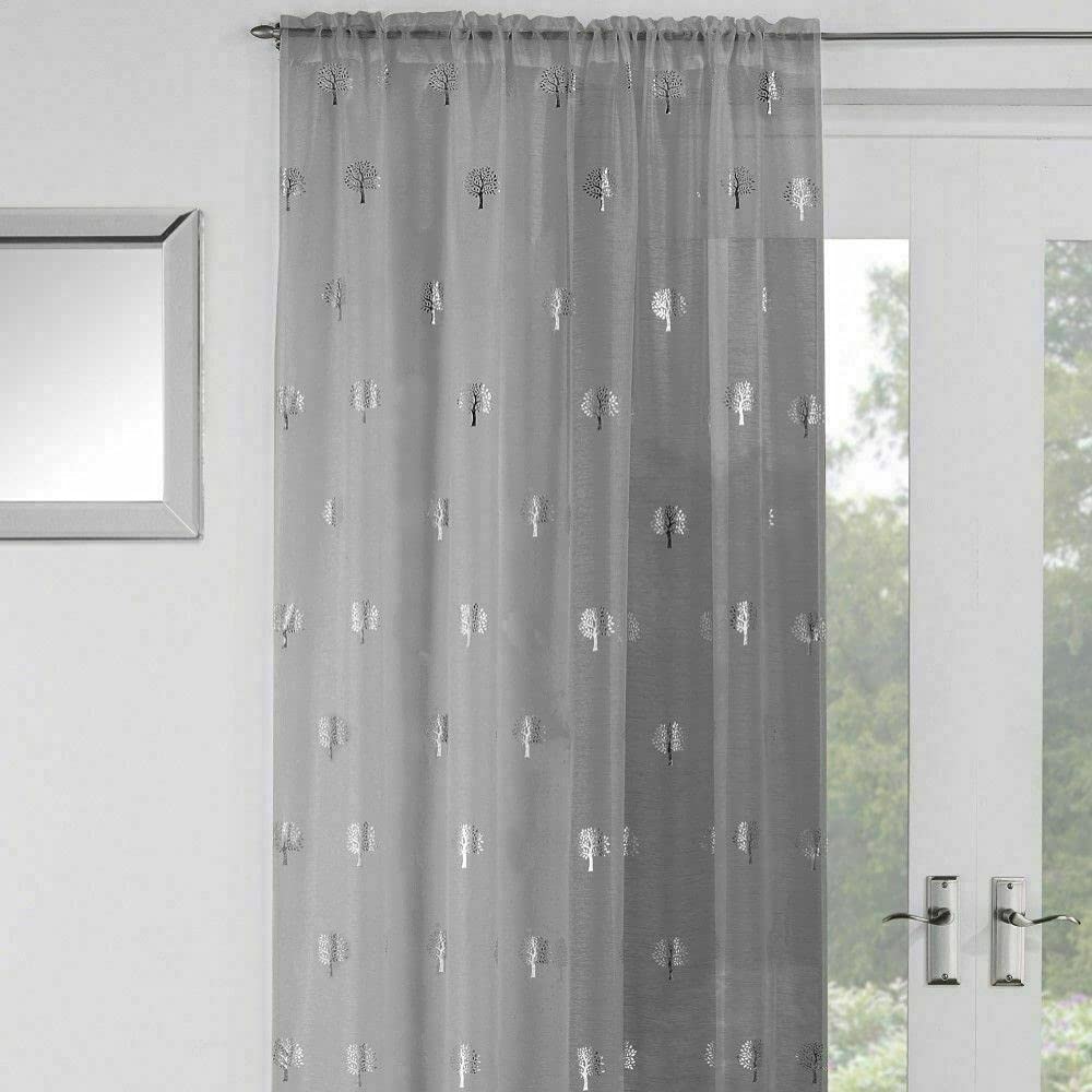 Maple Textiles Stunning Metallic Print Tree Design Sheer Voile Curtain Panel Slot Top Rod Pocket Heading (Grey Silver, 48'' 122 cm), MT/TT/BP