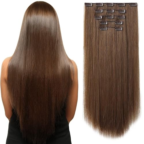 Miniatura 1 de Extensiones de cabello castaño, extensiones de cabello con clip de HSPJHTM para mujer, extensión de cabello sintético de 22 pulgadas, 5 piezas de
